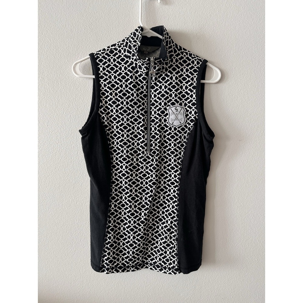 Goode Rider Sleeveless Quarter Zip Shirt Black White Size Medium Geometric
